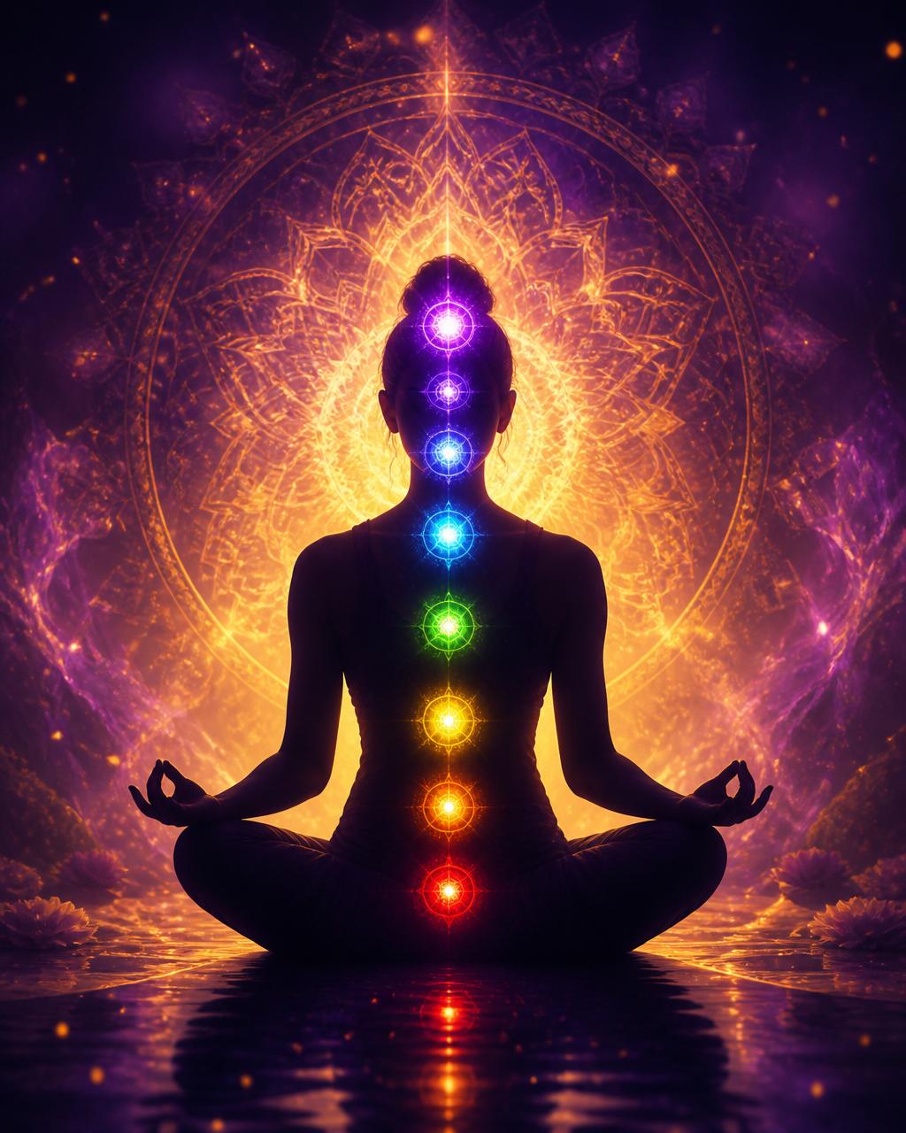 Meditating person with seven glowing chakras